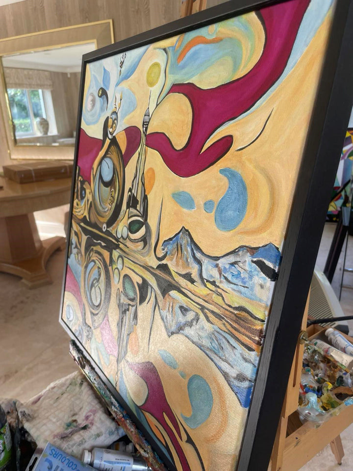 Surreal abstract painting with mirrored landscape, organic shapes, mountain reflections, and a tower-like structure under swirling skies.

