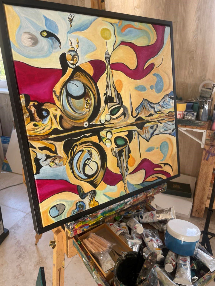 Surreal abstract painting with mirrored landscape, organic shapes, mountain reflections, and a tower-like structure under swirling skies.

