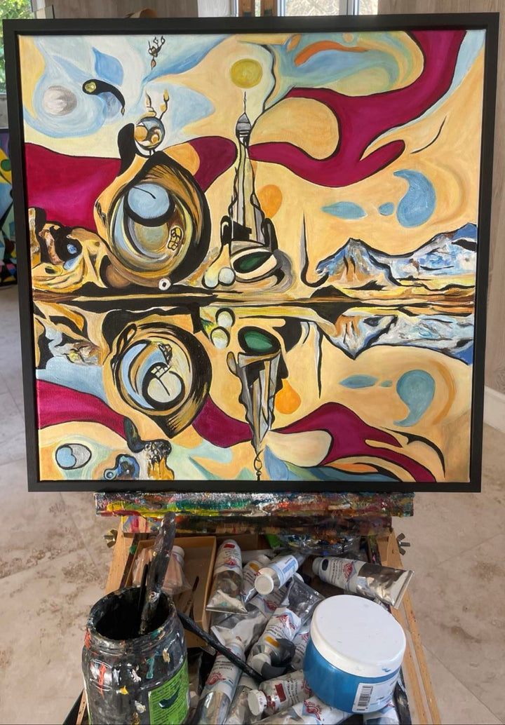 Surreal abstract painting with mirrored landscape, organic shapes, mountain reflections, and a tower-like structure under swirling skies.

