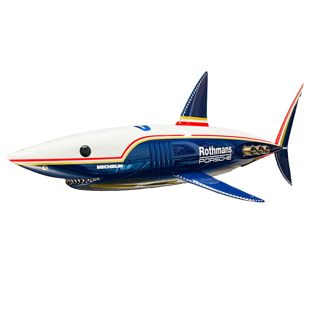 Alastair Gibson CarbonArt45 carbon fibre mako shark sculpture with aluminium fins and Formula One components, aerodynamic contemporary design