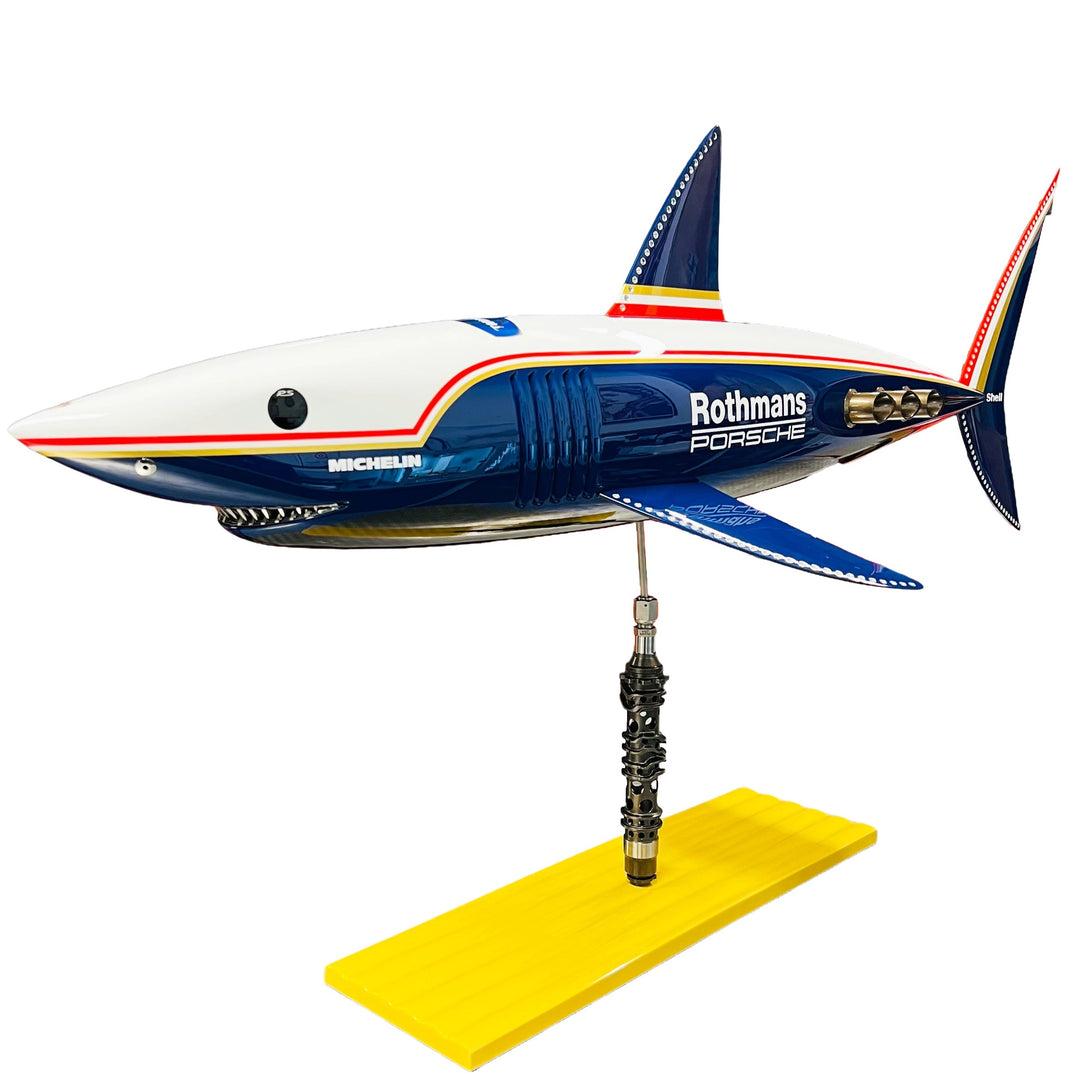 Alastair Gibson CarbonArt45 carbon fibre mako shark sculpture with aluminium fins and Formula One components, aerodynamic contemporary design