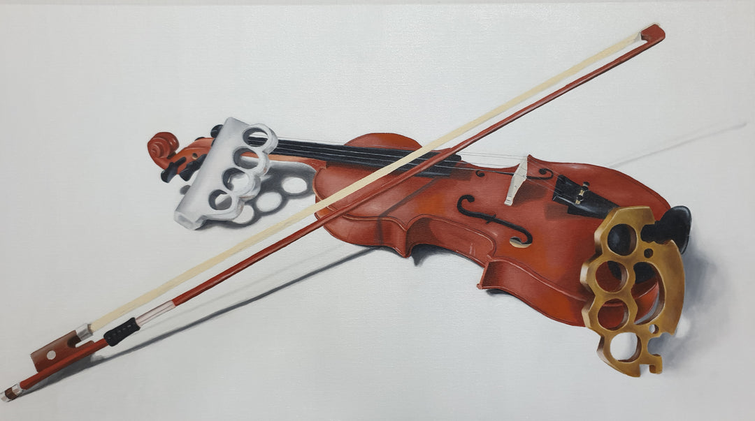 A realistic oil painting of a violin and bow arranged on a clean white background, flanked by a silver knuckle-duster on the left and a gold knuckle-duster on the right, with detailed shadows and crisp highlights emphasising wood, metal and string textures.