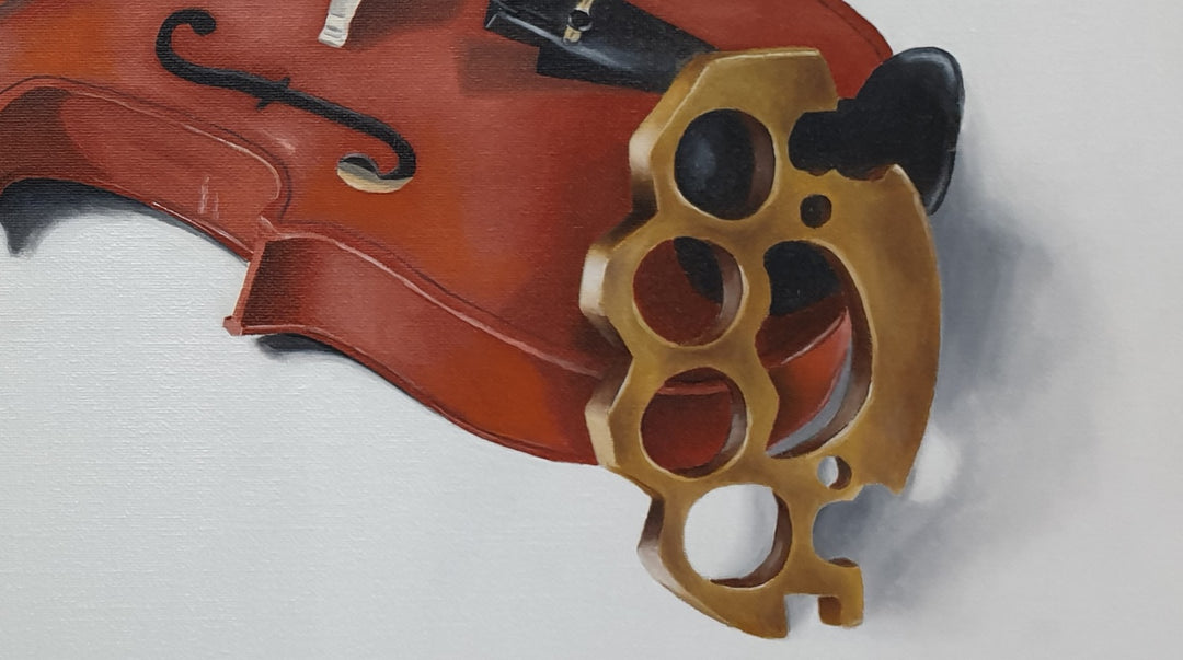 A realistic oil painting of a violin and bow arranged on a clean white background, flanked by a silver knuckle-duster on the left and a gold knuckle-duster on the right, with detailed shadows and crisp highlights emphasising wood, metal and string textures.