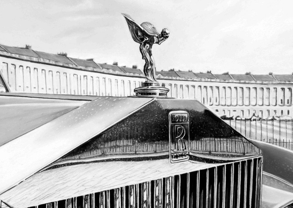 Monochrome pastel artwork depicting the front grille and bonnet of a Rolls-Royce with the Spirit of Ecstasy ornament in sharp focus, positioned against the sweeping curve of Bath’s Royal Crescent, with polished chrome, sculpted metal and architectural stonework rendered through subtle tonal shifts, light and shadow.
