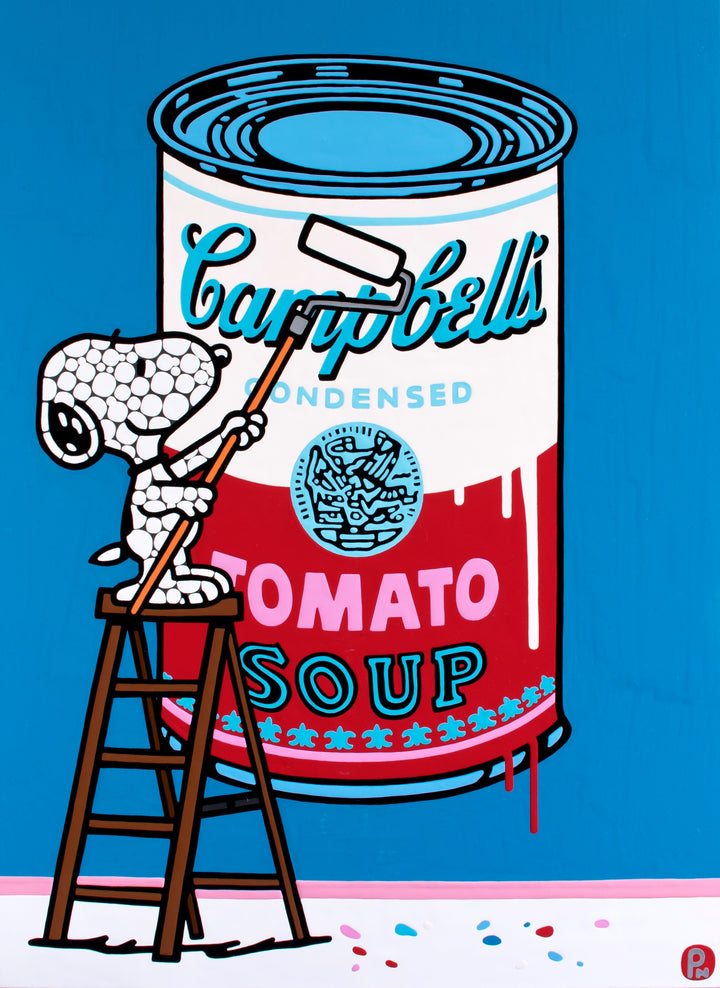 Pop art painting of Snoopy painting a Campbell's soup can on a bright blue background.

