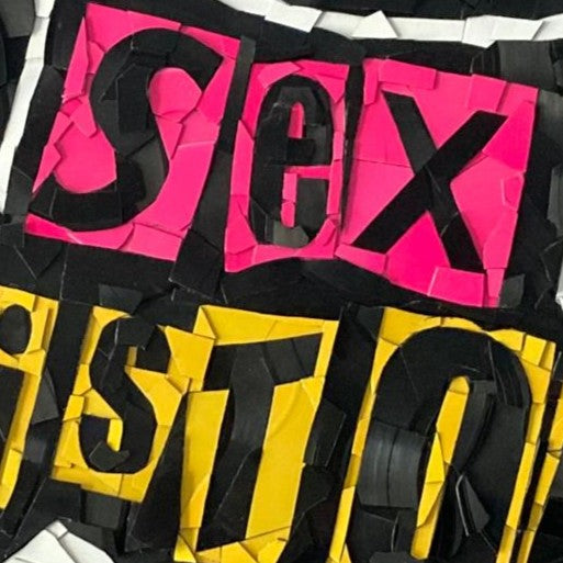 Ed Chapman mosaic artwork featuring the Sex Pistols logo created entirely from destroyed Sex Pistols vinyl records, with fractured black discs and colourful record labels forming a bold punk-inspired composition.