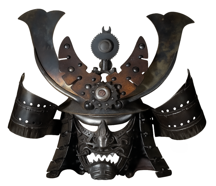 Samurai-inspired helmet sculpture crafted from reclaimed metal with intricate steampunk detailing.