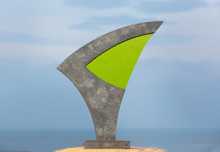 Stacey Beaumont Sanctuary slate and glass sculpture, abstract form in reclaimed Delabole slate with lime green textured glass symbolising renewal and vitality.