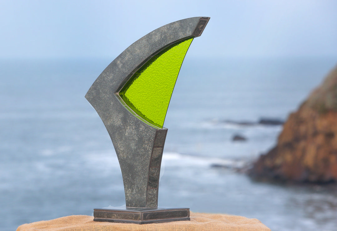Stacey Beaumont Sanctuary slate and glass sculpture, abstract form in reclaimed Delabole slate with lime green textured glass symbolising renewal and vitality.