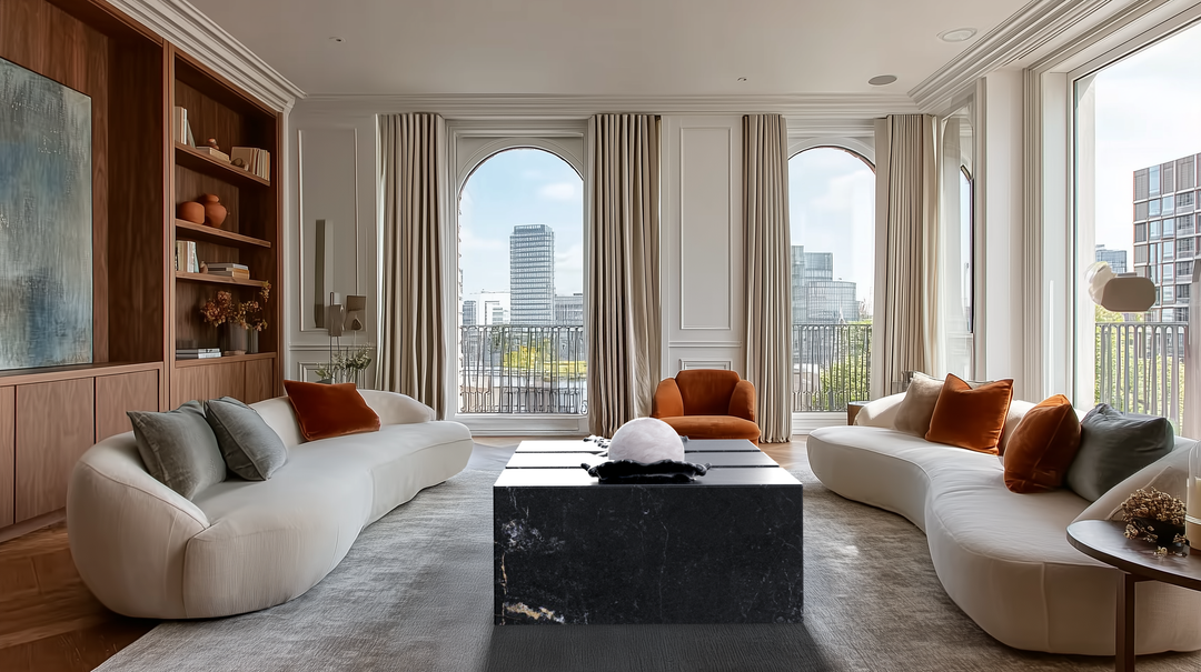 Duffy London Pearl Table sculptural marble coffee table with carved ripple effect and spherical pearl element, creating the illusion of water frozen in motion.