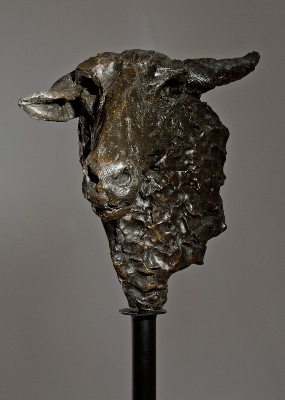 Life-size bronze sculpture of a sheep’s head with textured fleece and alert, characterful expression, mounted on a tall dark metal stand.