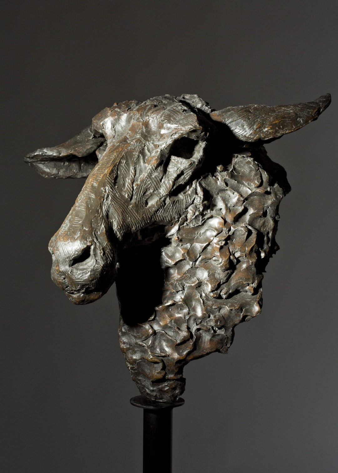 Life-size bronze sculpture of a sheep’s head with textured fleece and alert, characterful expression, mounted on a tall dark metal stand.