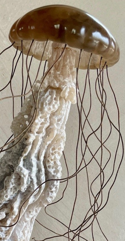 Sea Nettle Jelly sculpture by Nicola Axe — a graceful, hand-carved jellyfish with a translucent brown alabaster bell, organic ivory and beige stone body, and flowing rusted wire tentacles, rising from a softly contoured sandstone base.