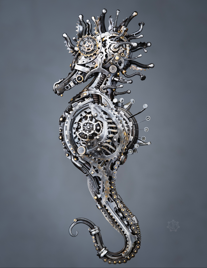Steampunk-inspired seahorse sculpture made from reclaimed metal, gears, and intricate mechanical components.