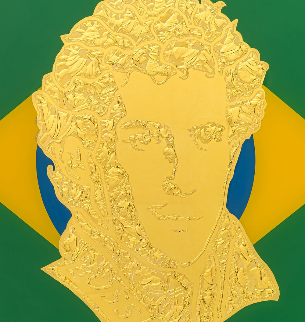 Vince Edmunds Ayrton Senna portrait in 24ct gold leaf on reverse glass, set against Brazilian flag colours with glue-chipped texture and circuit detailing