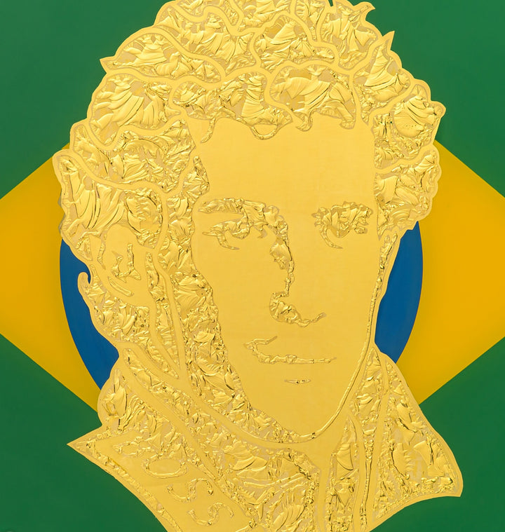 Vince Edmunds Ayrton Senna portrait in 24ct gold leaf on reverse glass, set against Brazilian flag colours with glue-chipped texture and circuit detailing