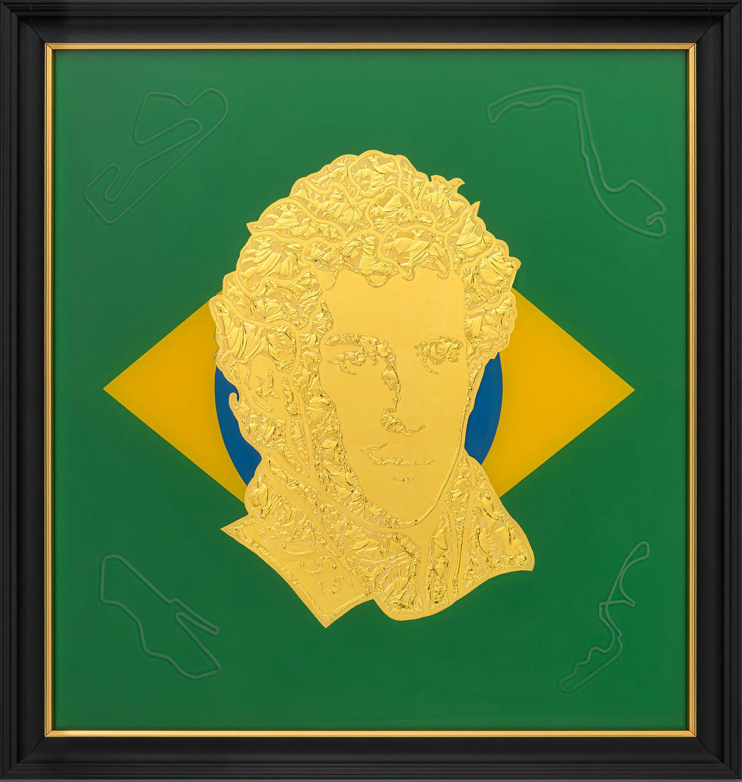 Vince Edmunds Ayrton Senna portrait in 24ct gold leaf on reverse glass, set against Brazilian flag colours with glue-chipped texture and circuit detailing