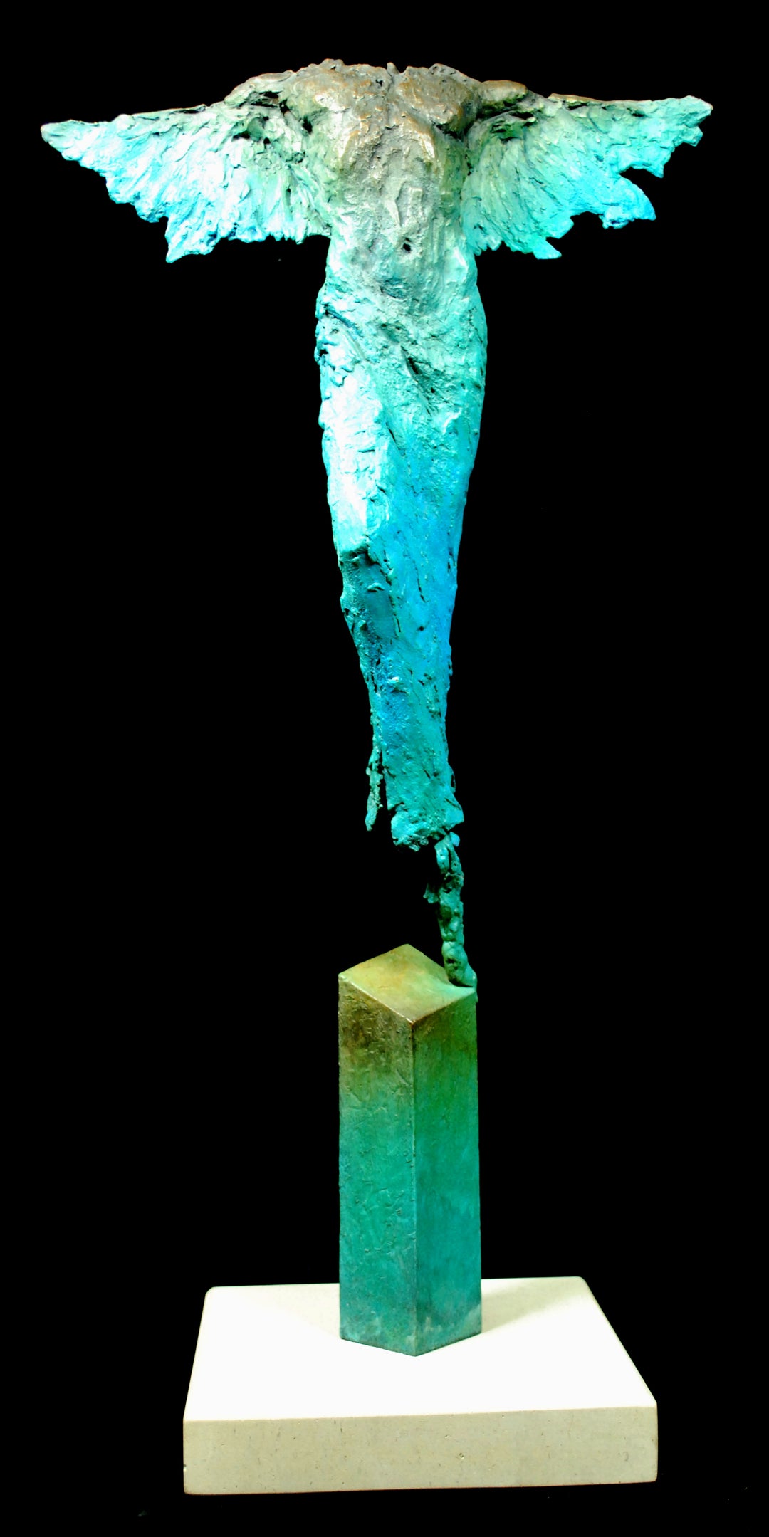 Tall contemporary bronze sculpture by Eve Shepherd depicting an elongated winged human form poised in stillness, with outstretched yet restrained wings, textured patinated bronze surface in turquoise and green tones, mounted on a vertical plinth and stone base, conveying calm, balance, contemplation and spiritual presence