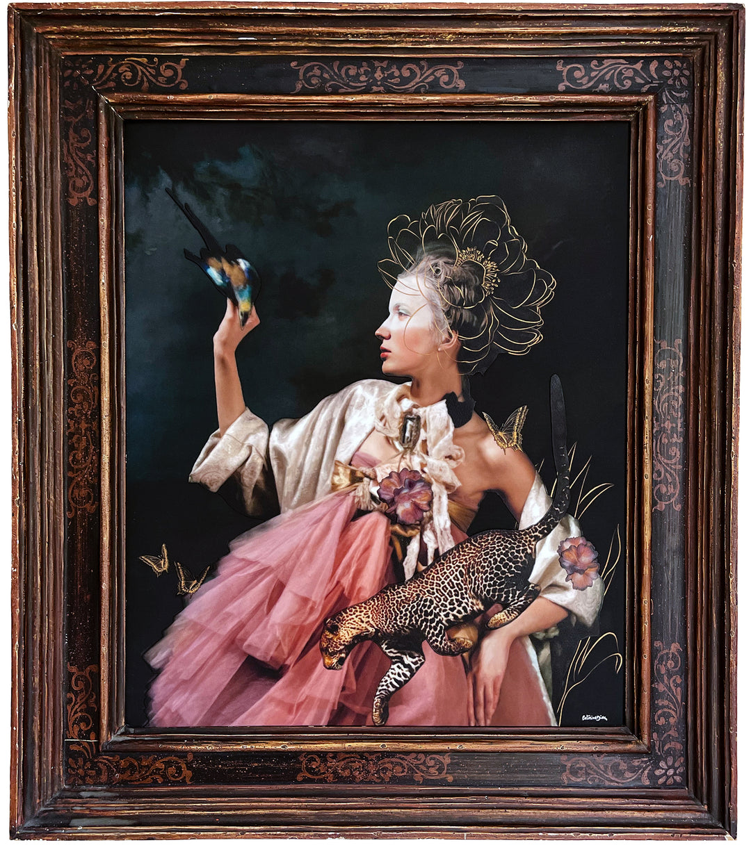 Catarina Diaz’s Set You Free, analogue collage on Somerset Enhanced Velvet with oil on canvas. Rococo-inspired woman in pink gown and ivory robe holds leopard, raises hand to blue-and-gold bird, framed by butterflies and flowers against deep dark backdrop.