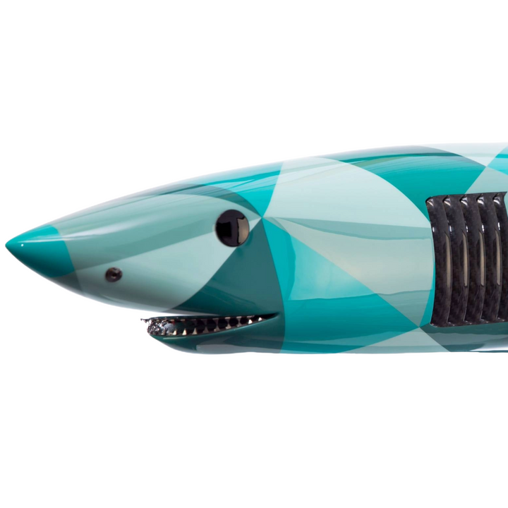 Alastair Gibson CarbonArt45 carbon fibre mako shark sculpture with aluminium fins and Formula One components, aerodynamic contemporary design