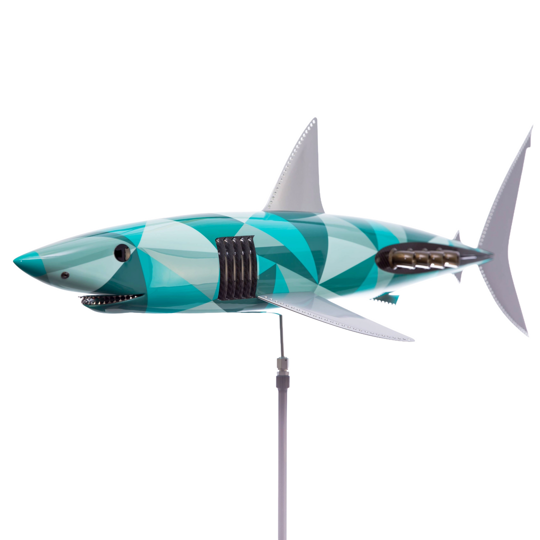 Alastair Gibson CarbonArt45 carbon fibre mako shark sculpture with aluminium fins and Formula One components, aerodynamic contemporary design