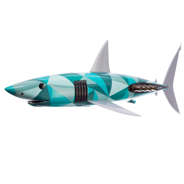 Alastair Gibson CarbonArt45 carbon fibre mako shark sculpture with aluminium fins and Formula One components, aerodynamic contemporary design