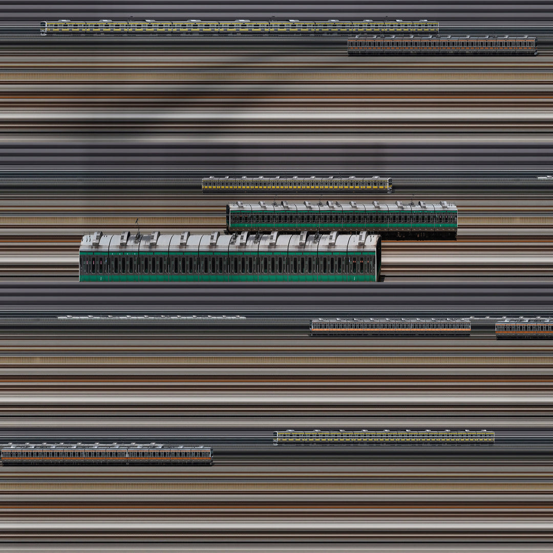 Richard P Jones Shinjuku Station #4 fine art photographic print showing layered Japanese commuter trains moving through Tokyo rail lines, created from reconstructed high-speed video imagery and printed as a giclée on brushed aluminium.