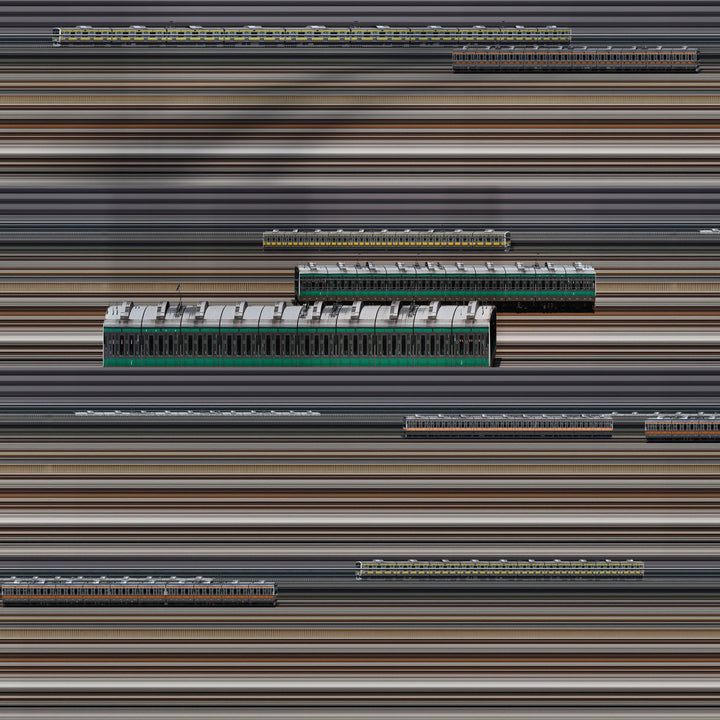 Richard P Jones Shinjuku Station #4 fine art photographic print showing layered Japanese commuter trains moving through Tokyo rail lines, created from reconstructed high-speed video imagery and printed as a giclée on brushed aluminium.