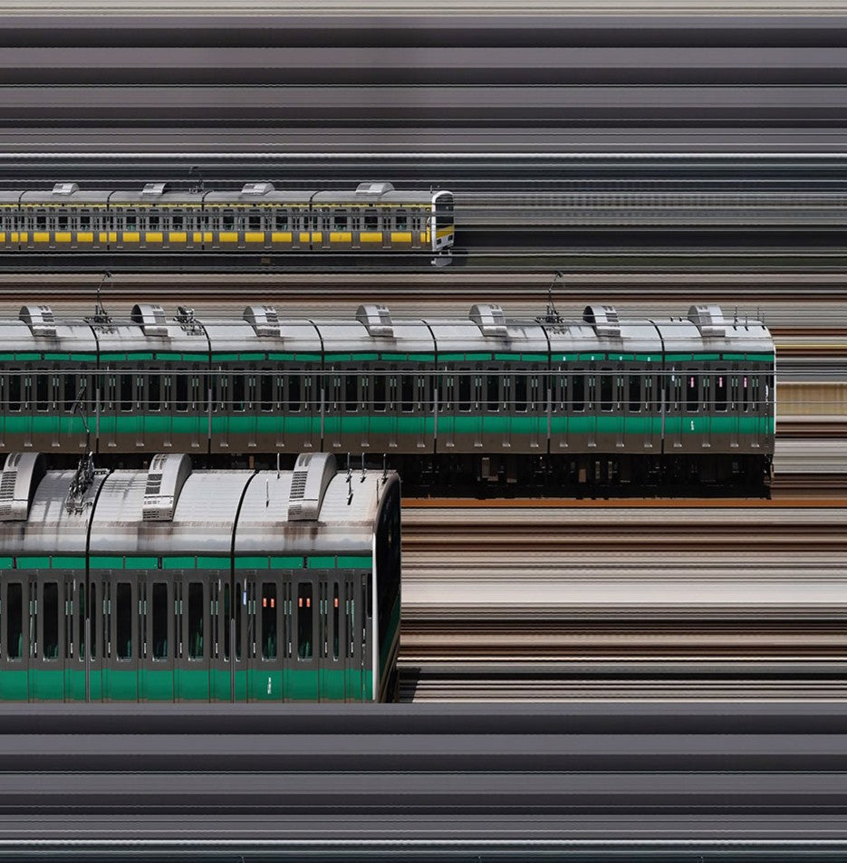 Richard P Jones Shinjuku Station #4 fine art photographic print showing layered Japanese commuter trains moving through Tokyo rail lines, created from reconstructed high-speed video imagery and printed as a giclée on brushed aluminium.
