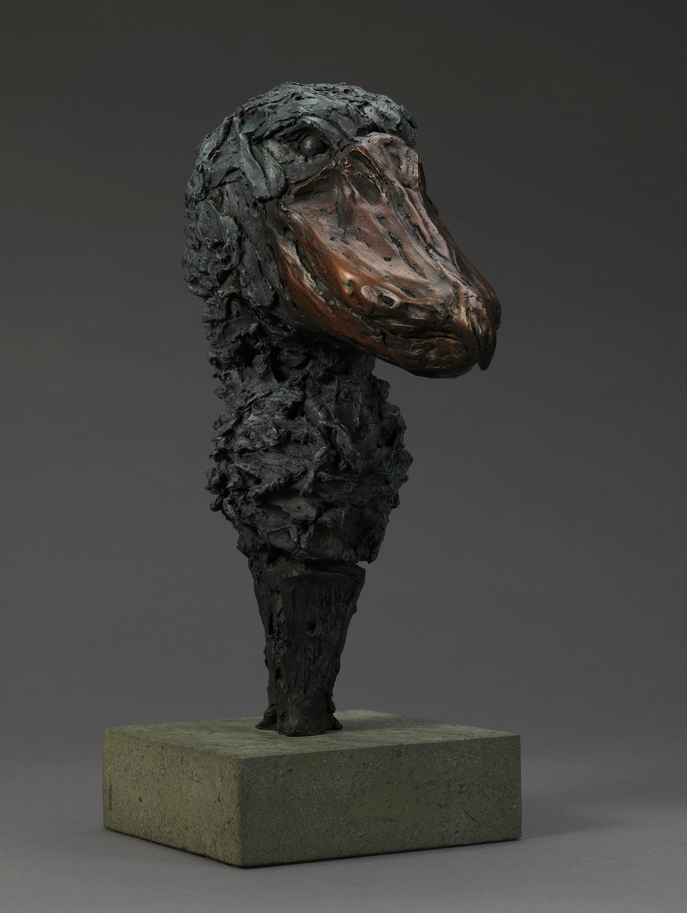 Bronze sculpture of a shoebill head with heavily textured feathers and a smooth, oversized beak, mounted on a stone base