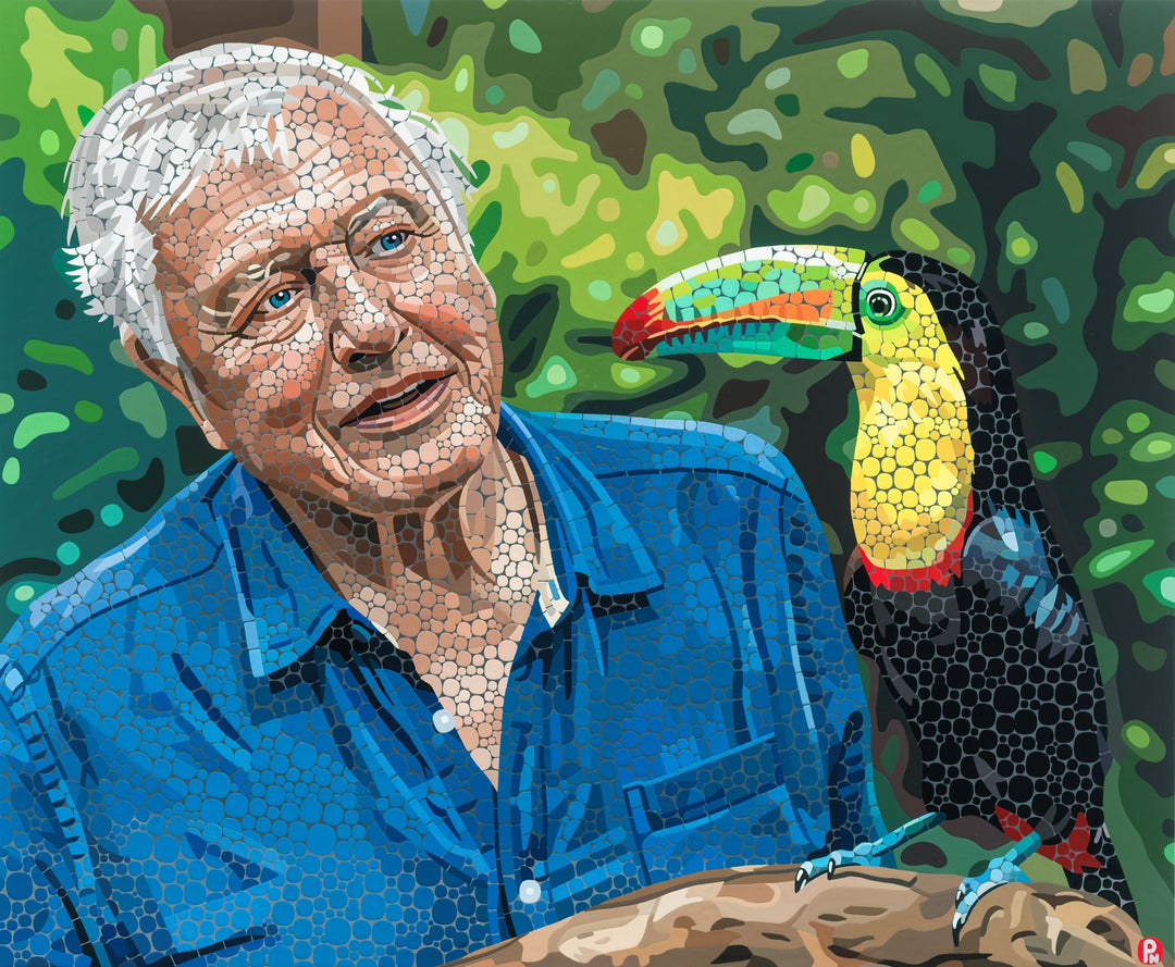 Mosaic-style painting of David Attenborough in a blue shirt with a colourful toucan perched nearby.