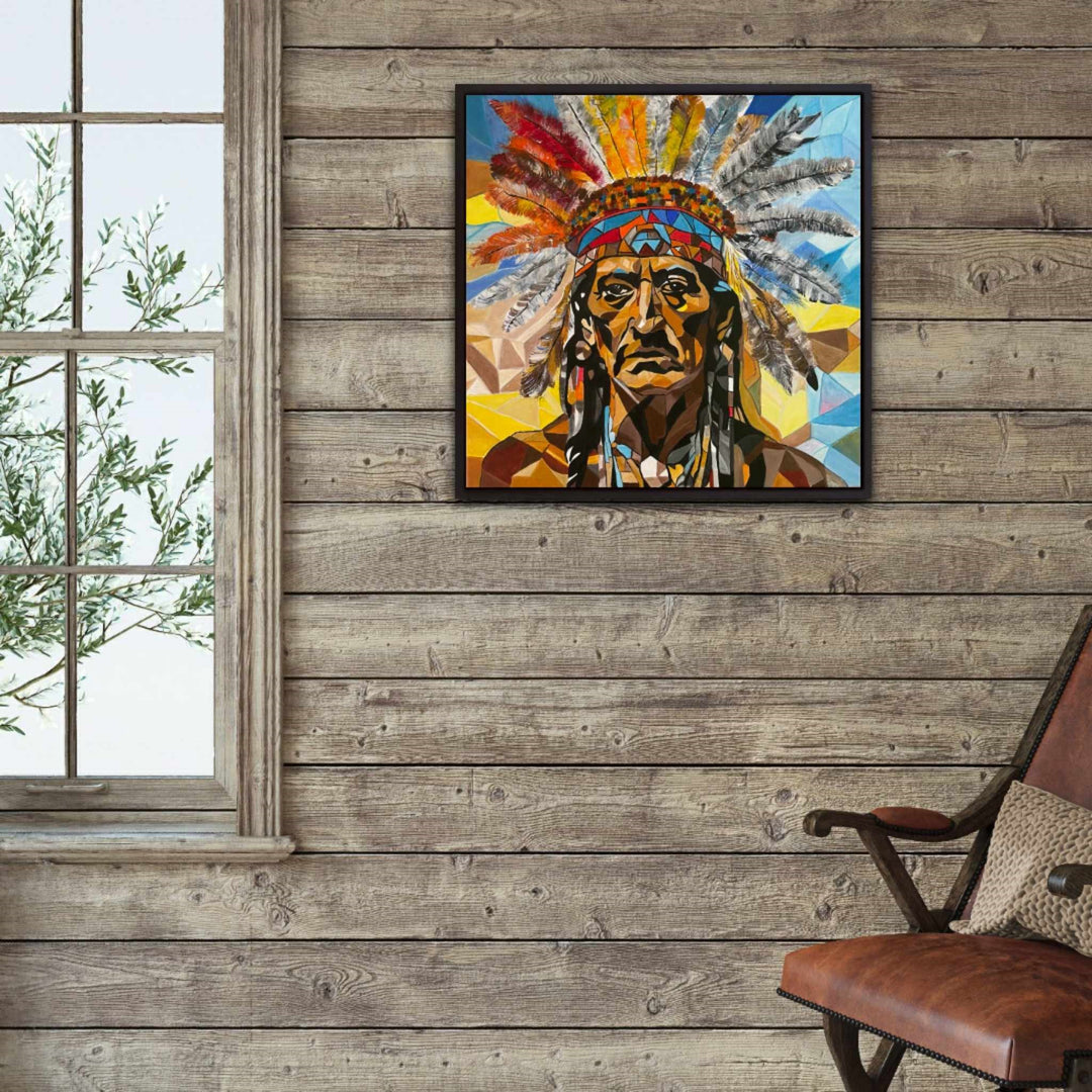 Abstract portrait of a man in a colourful feathered headdress, composed of bold geometric shapes and vibrant earth tones.

