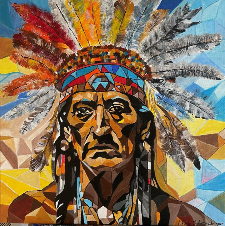 Abstract portrait of a man in a colourful feathered headdress, composed of bold geometric shapes and vibrant earth tones.

