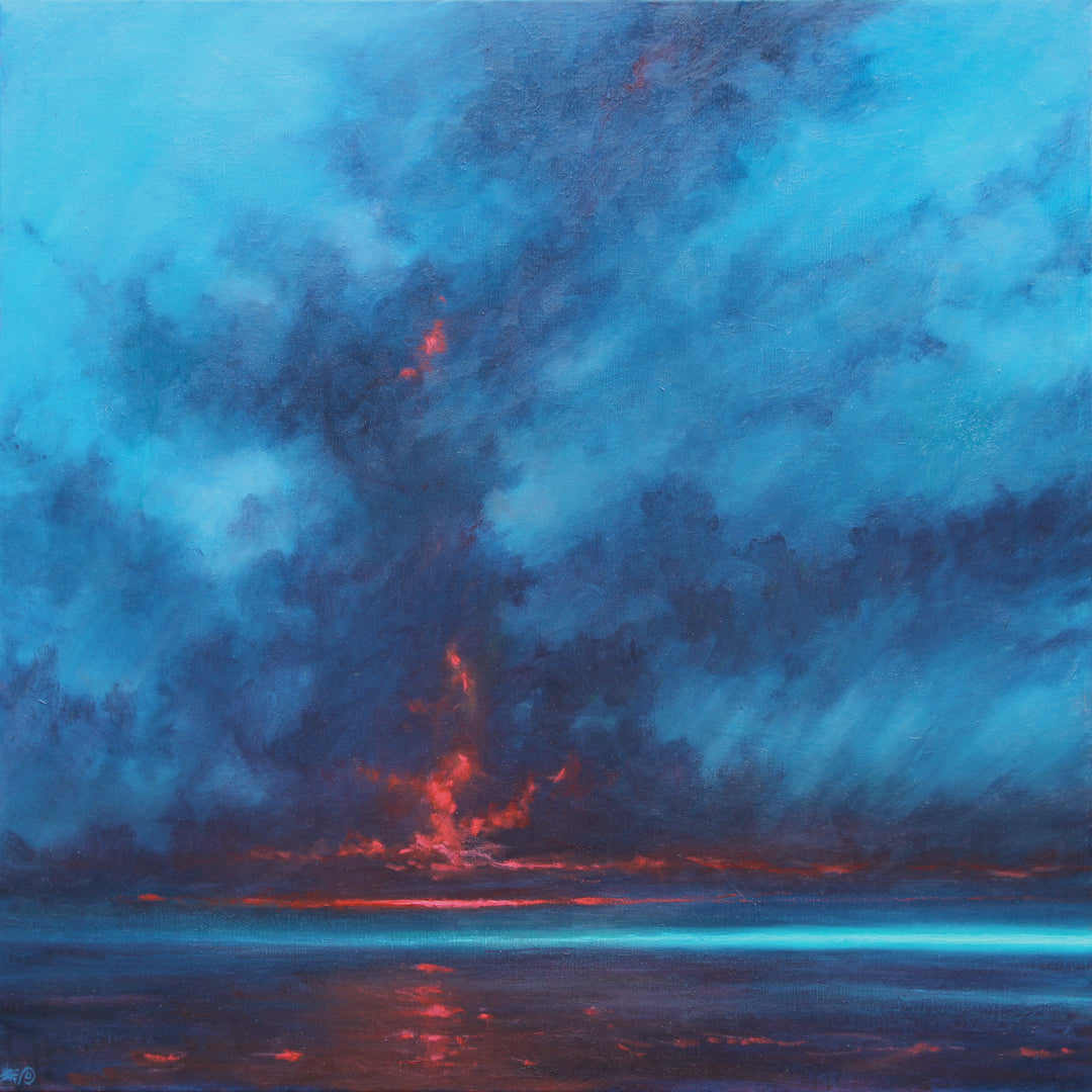 Derek Hare oil painting seascape with dramatic red sunset breaking through dark blue storm clouds, reflecting across luminous water.