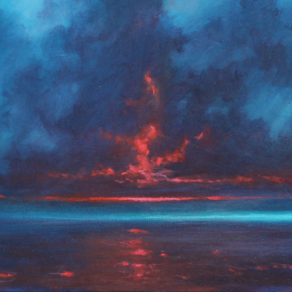 Derek Hare oil painting seascape with dramatic red sunset breaking through dark blue storm clouds, reflecting across luminous water.