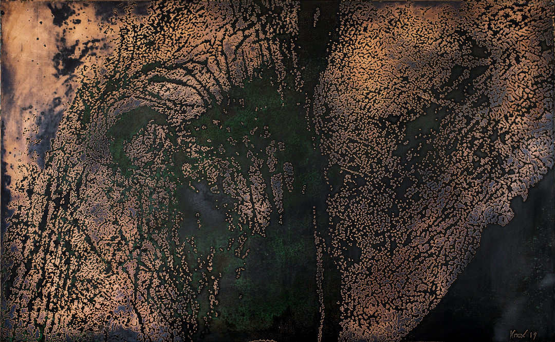 2D copper etching with layered textures in copper, black, and green tones, forming abstract organic patterns with intricate detail