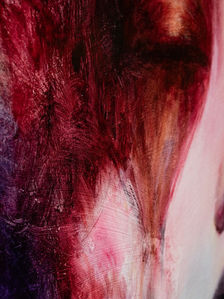 Large oil on canvas portrait by Dan Bullock, titled Spectrum. A dreamlike female face with eyes closed, surrounded by expressive swirls of crimson, violet, emerald, gold, and deep shadow tones, blending realism with abstraction.