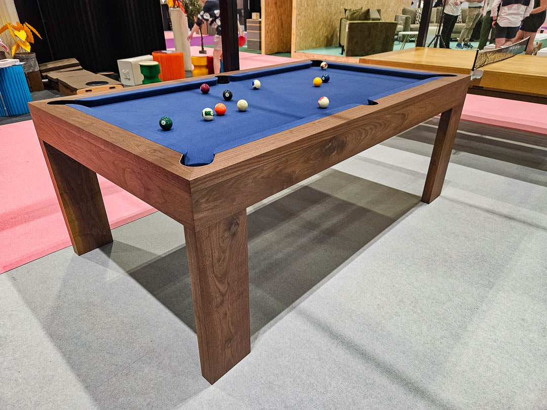 Sir William Bentley Billiards Speed 7ft pool table in American black walnut with slate cloth, shown with optional dining top for dual-purpose use.