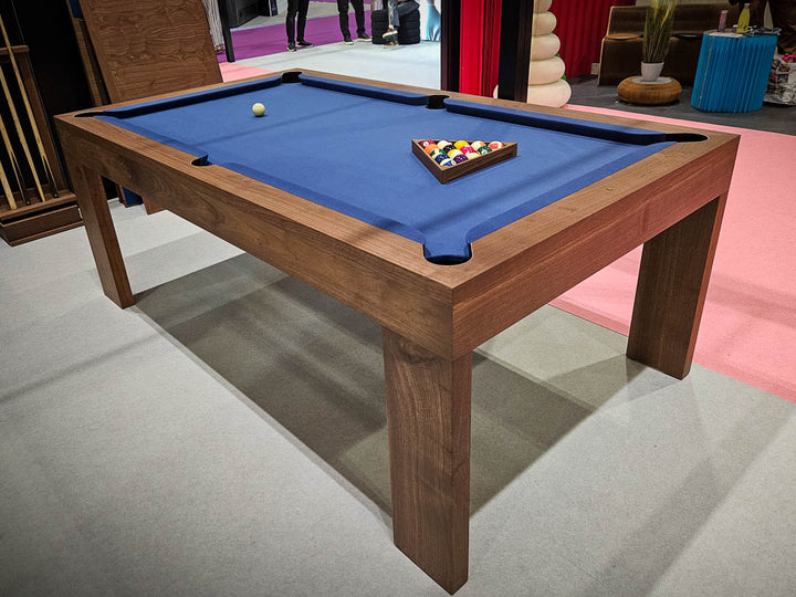 Sir William Bentley Billiards Speed 7ft pool table in American black walnut with slate cloth, shown with optional dining top for dual-purpose use.