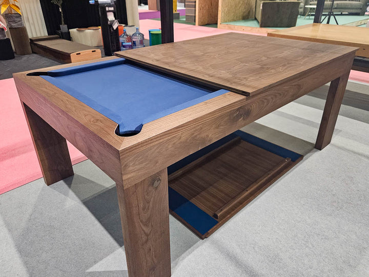 Sir William Bentley Billiards Speed 7ft pool table in American black walnut with slate cloth, shown with optional dining top for dual-purpose use.