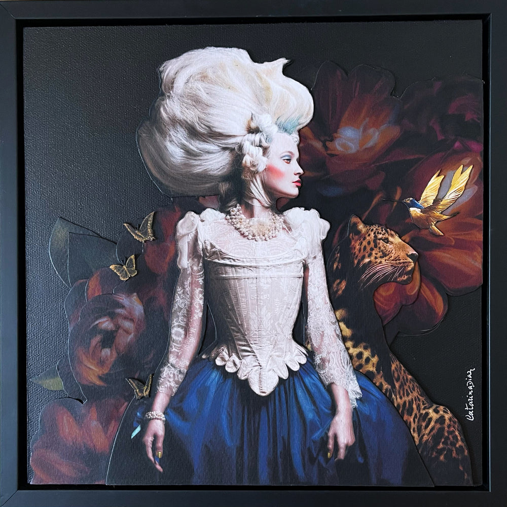 Catarina Diaz’s Splendour, analogue collage on Somerset Enhanced Velvet with oil on gesso-primed canvas. Rococo-inspired woman with towering white coiffure, lace bodice, and blue skirt stands beside a leopard, golden hummingbird, and butterflies over deep floral backdrop.