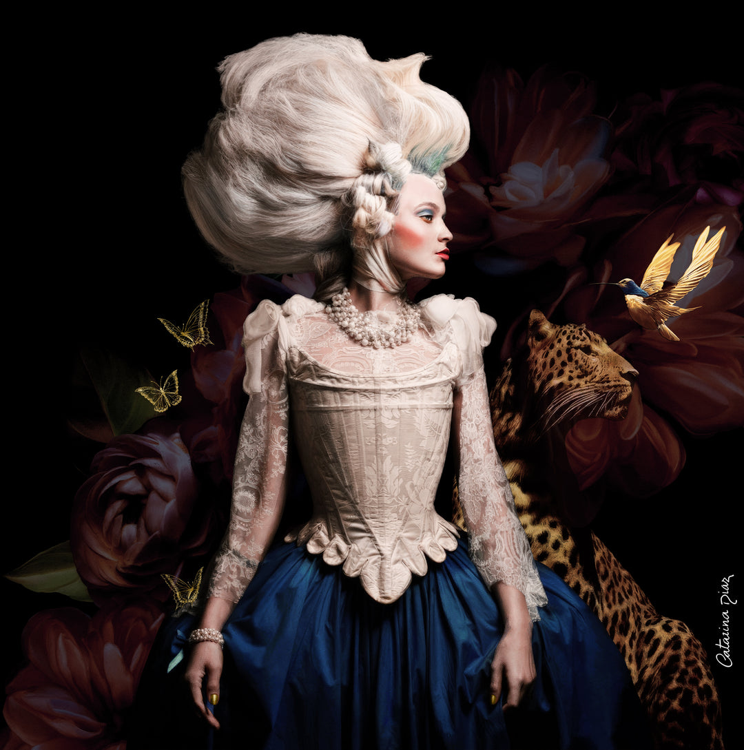 Catarina Diaz’s Splendour, analogue collage on Somerset Enhanced Velvet with oil on gesso-primed canvas. Rococo-inspired woman with towering white coiffure, lace bodice, and blue skirt stands beside a leopard, golden hummingbird, and butterflies over deep floral backdrop.