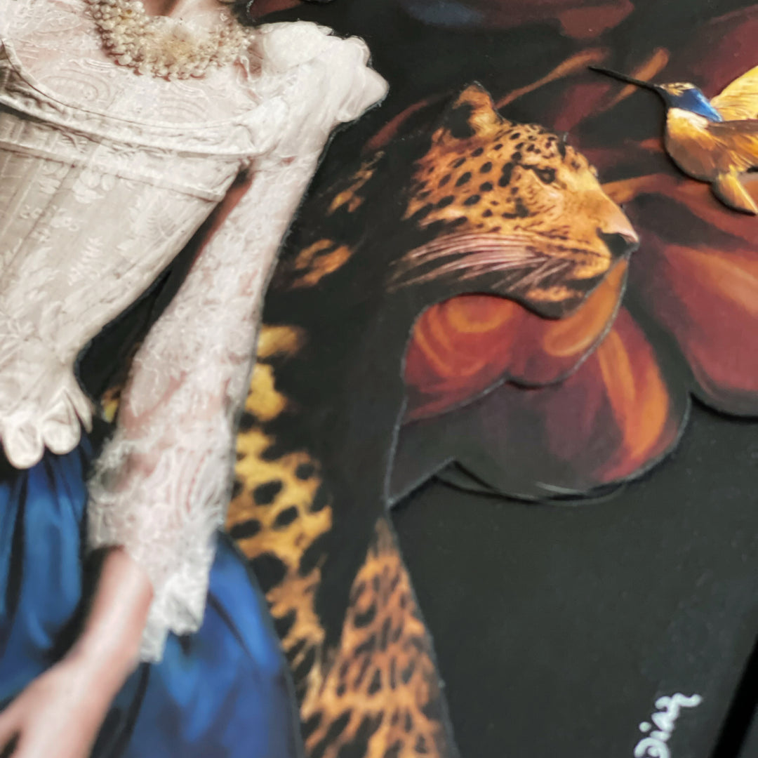 Catarina Diaz’s Splendour, analogue collage on Somerset Enhanced Velvet with oil on gesso-primed canvas. Rococo-inspired woman with towering white coiffure, lace bodice, and blue skirt stands beside a leopard, golden hummingbird, and butterflies over deep floral backdrop.