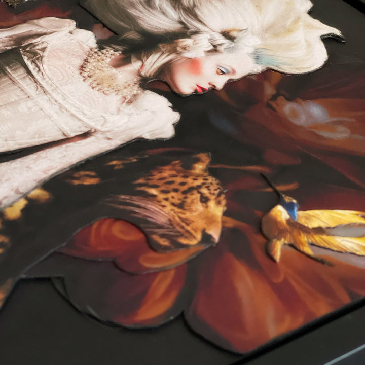 Catarina Diaz’s Splendour, analogue collage on Somerset Enhanced Velvet with oil on gesso-primed canvas. Rococo-inspired woman with towering white coiffure, lace bodice, and blue skirt stands beside a leopard, golden hummingbird, and butterflies over deep floral backdrop.
