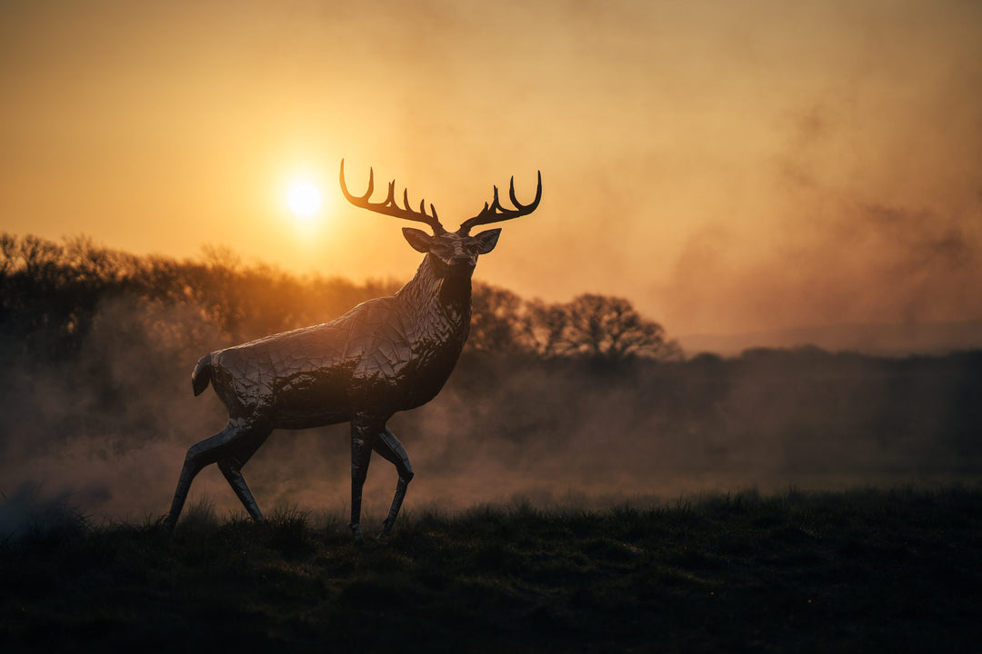 ‘Royal Stag’ by Michael Turner, a unique, one-of-one stainless steel wildlife sculpture depicting a majestic red deer stag standing proudly with an impressive set of 12-point antlers. Handcrafted from marine-grade stainless steel, the life-size sculpture features individually shaped metallic plates, finely detailed fur textures, powerful muscular proportions and a polished silver finish that reflects its natural surroundings. Designed for outdoor display, this contemporary British wildlife sculpture capture