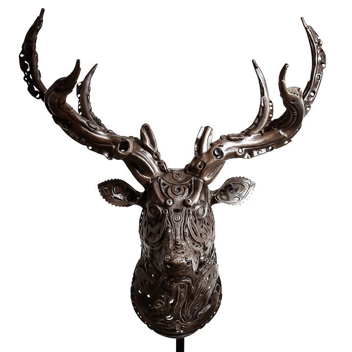 Sculpted stag head made from welded metal parts and gears, mounted against a white background.
