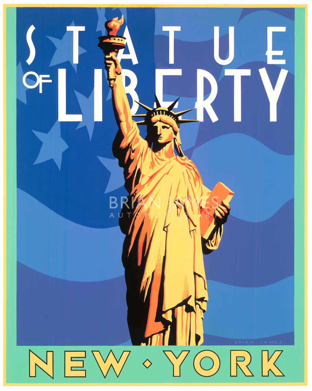 Stylised illustration of the Statue of Liberty against a blue starry background with bold “New York” text.
