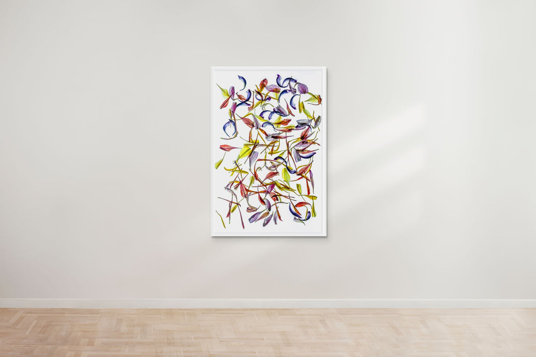 A vibrant composition of multicoloured flower petals arranged on a white canvas backdrop. The translucent petals display a variety of hues and textures, scattered in an expressive and organic pattern, showcasing tones of red, yellow, blue, purple, and orange against the stark, clean background.
