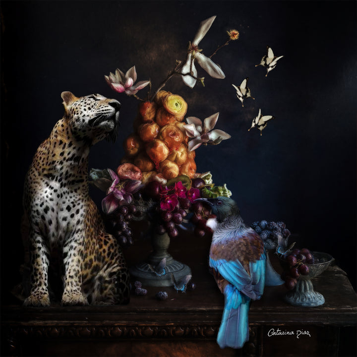 Catarina Diaz’s Stillness, analogue collage on Somerset Enhanced Velvet with oil on black gesso-primed canvas. A leopard sits beside an ornate still life of flowers and fruit, joined by a blue and brown bird and butterflies, all framed in an antique gold gallery frame.