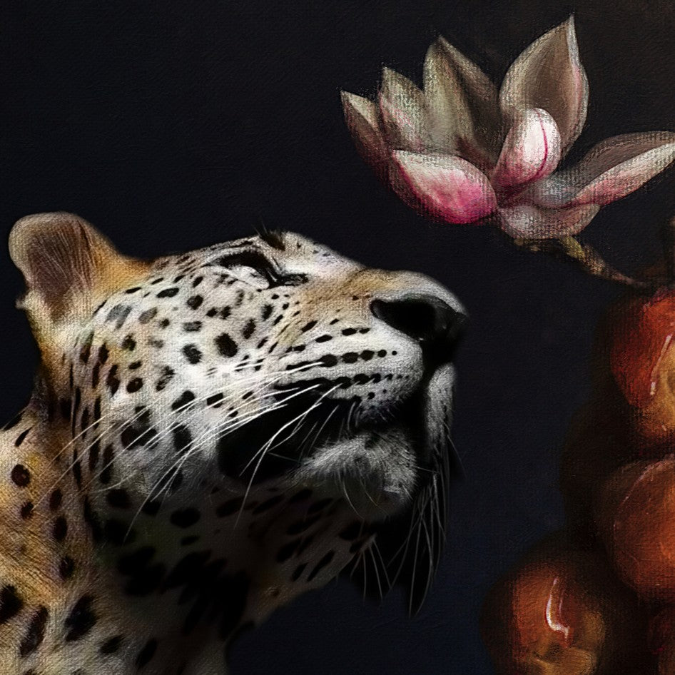 Catarina Diaz’s Stillness, analogue collage on Somerset Enhanced Velvet with oil on black gesso-primed canvas. A leopard sits beside an ornate still life of flowers and fruit, joined by a blue and brown bird and butterflies, all framed in an antique gold gallery frame.